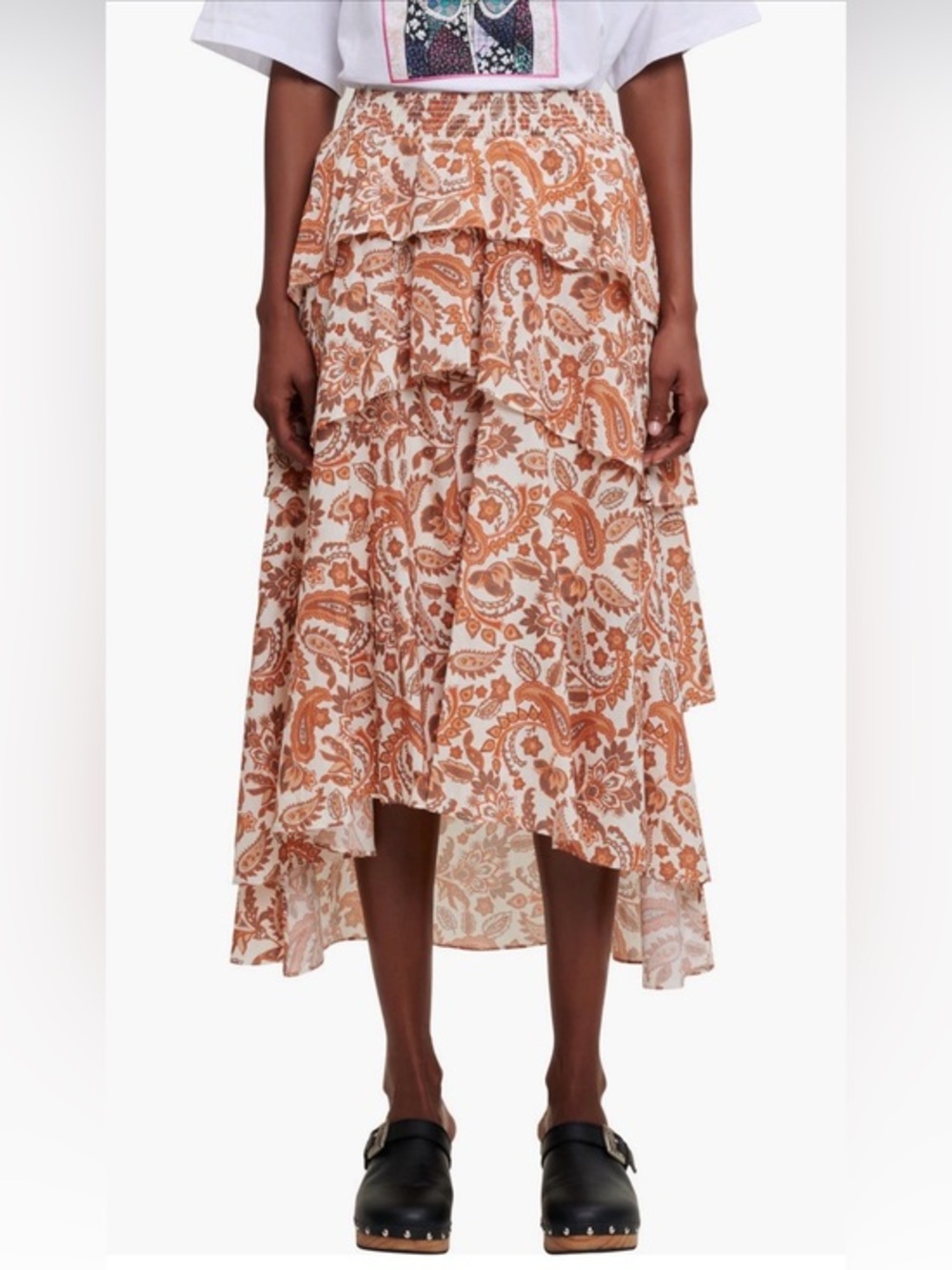 NWT Maje Justy Orange Paisley Tiered Ruffle Cotton Skirt Size EU 36/US 4